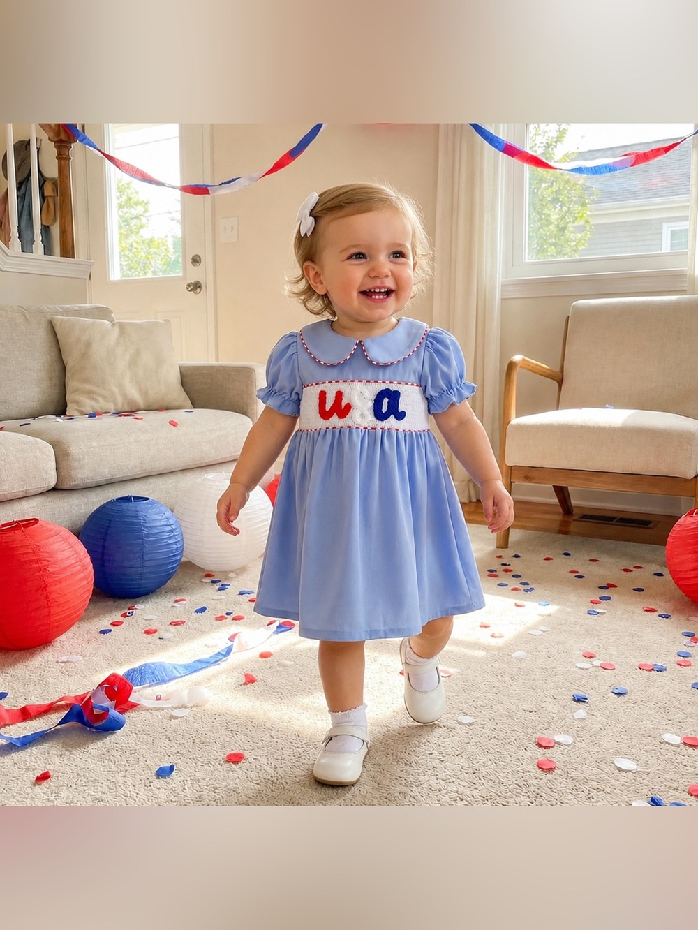 Blue Smocked Toddler Dress with USA on Front:  3-4Y